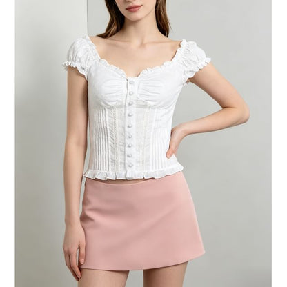 Eyelet Lace Ruffle-Trim Cap-Sleeve V-Neck Fitted Blouse