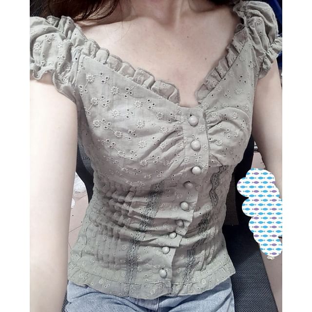 Eyelet Lace Ruffle-Trim Cap-Sleeve V-Neck Fitted Blouse