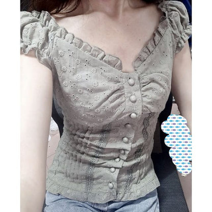 Eyelet Lace Ruffle-Trim Cap-Sleeve V-Neck Fitted Blouse