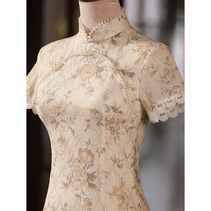 Short-Sleeve Floral Faux Pearl Midi Qipao