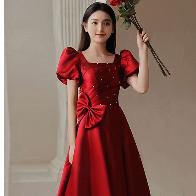 Puff-Sleeve Embellished Bow A-Line Prom Dress (Various Designs)