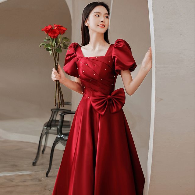 Puff-Sleeve Embellished Bow A-Line Prom Dress (Various Designs)