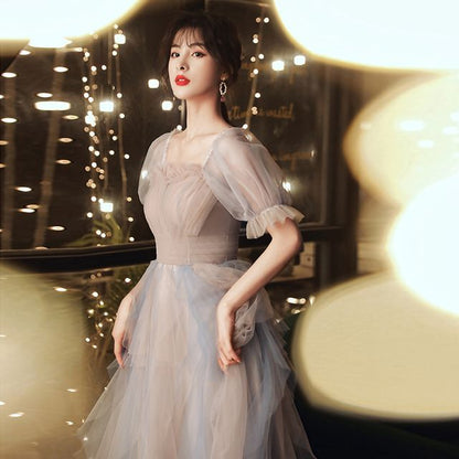 Evening Short-Sleeve A-Line Gown Mesh