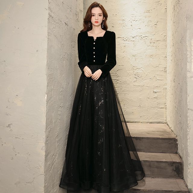 Long-Sleeve Sequin A-Line Evening Gown