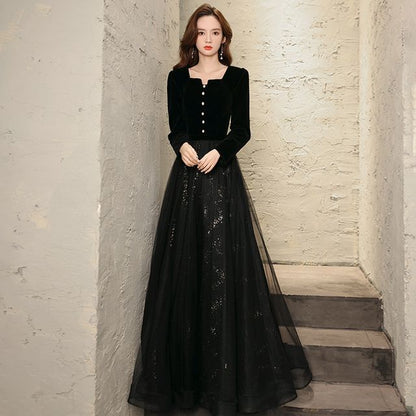 Long-Sleeve Sequin A-Line Evening Gown