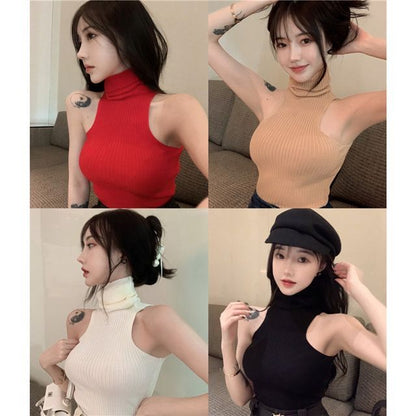Sleeveless Plain Top Turtleneck