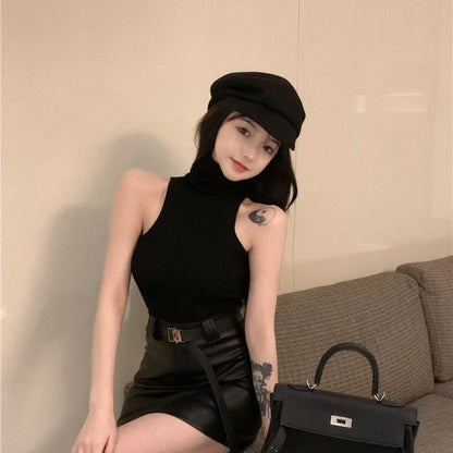 Sleeveless Plain Top Turtleneck