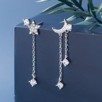 Moon & Star Rhinestone Asymmetrical Sterling Silver Dangle Earring