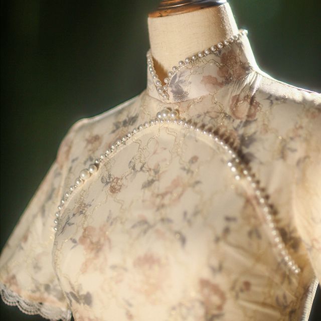 Short-Sleeve Faux Pearl Trim Qipao