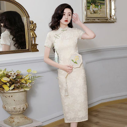 Short-Sleeve Chiffon Midi Qipao
