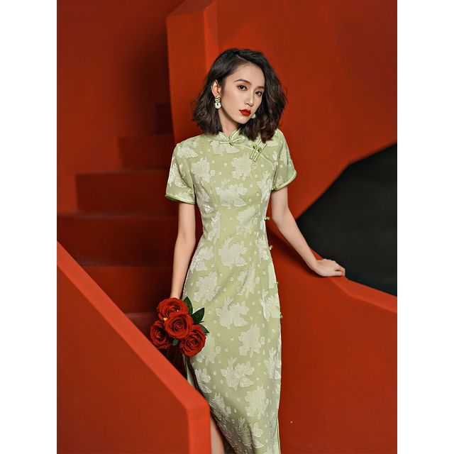 Short-Sleeve Chiffon Midi Qipao