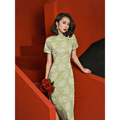 Short-Sleeve Chiffon Midi Qipao