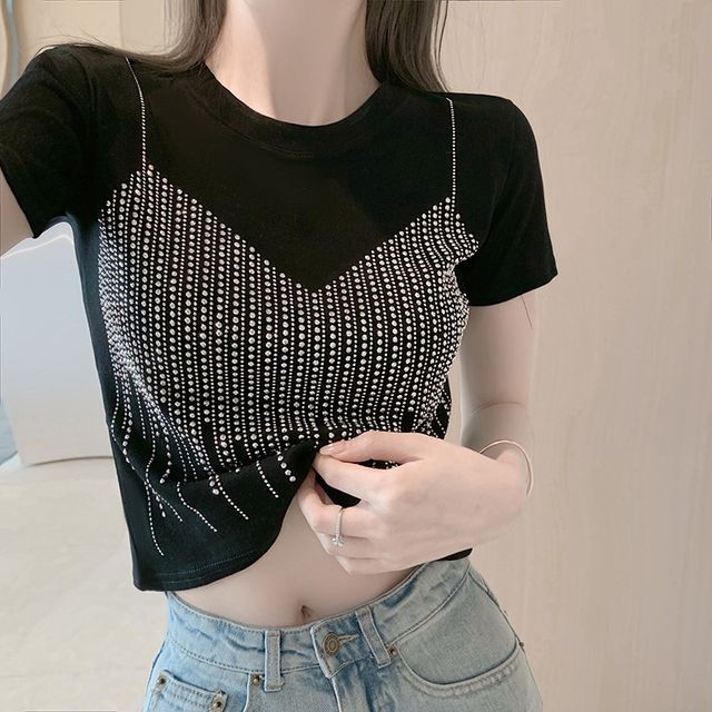 Short-Sleeve Rhinestone Cropped T-Shirt