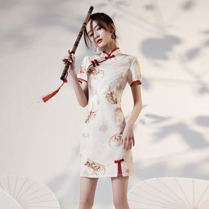 Short-Sleeve Deer Print Qipao