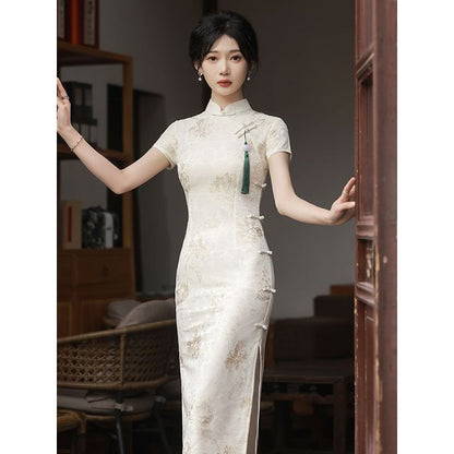 Short-Sleeve Floral Jacquard Midi Qipao