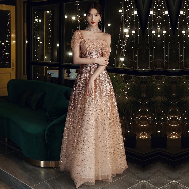 A-Line Sequin Gown Off-Shoulder Evening