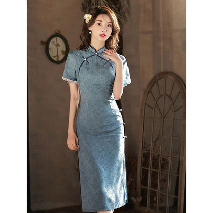 Short-Sleeve Lace Trim Qipao