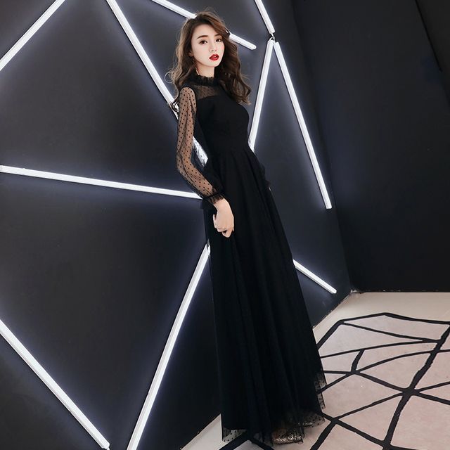 Evening Gown Mesh A-Line Long-Sleeve