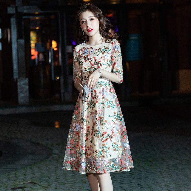 Elbow-Sleeve Floral A-Line Cocktail Dress