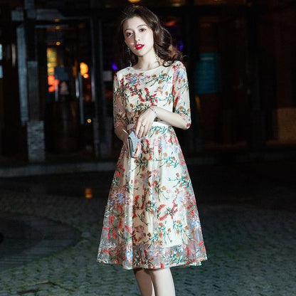 Elbow-Sleeve Floral A-Line Cocktail Dress