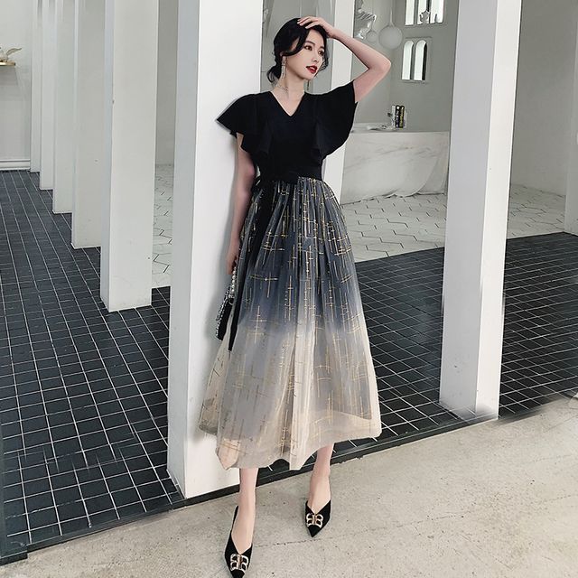 Short-Sleeve Gown A-Line Dress Cocktail Evening /