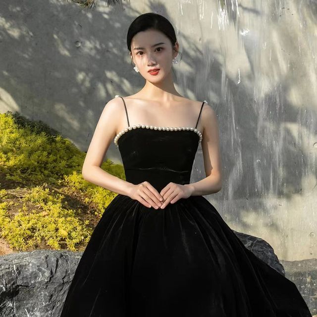 Spaghetti-Strap Faux A-Line Gown Evening Pearl