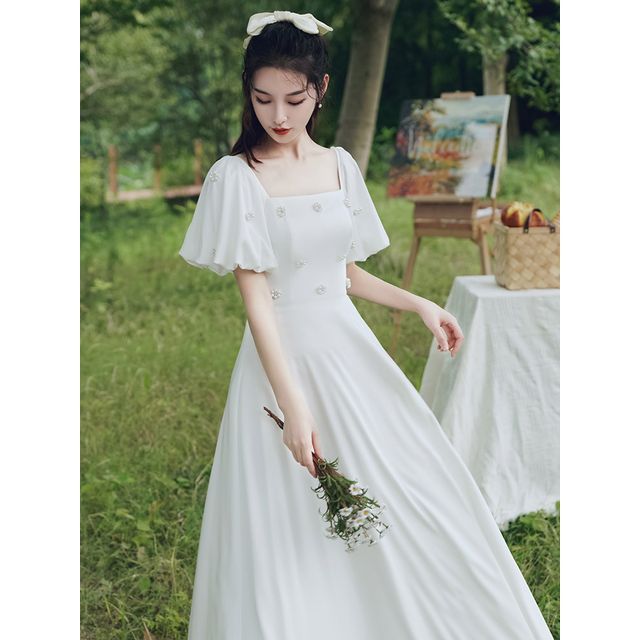 Short-Sleeve Faux Pearl Maxi A-Line Cocktail Dress