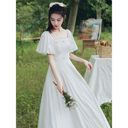 Short-Sleeve Faux Pearl Maxi A-Line Cocktail Dress