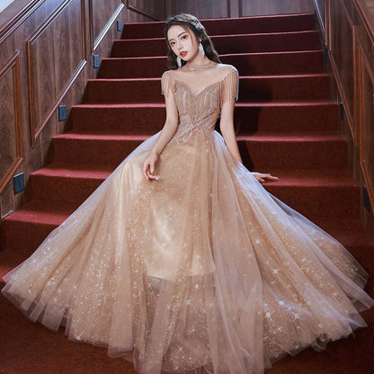 Sleeveless Fringed Sequin Mesh Cocktail Dress