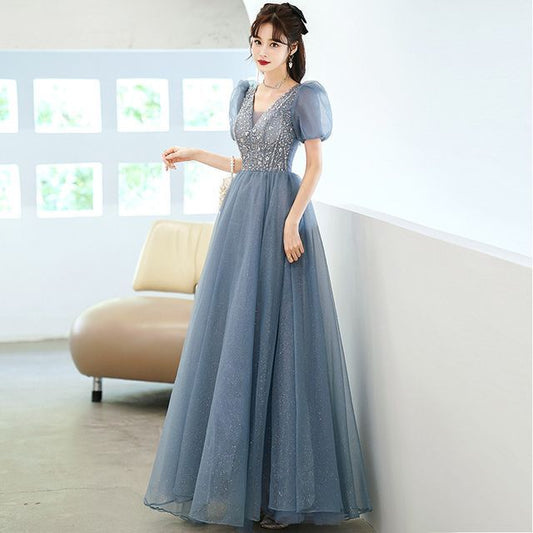 Sheer Puff Gown A-Line Sleeve Evening Panel