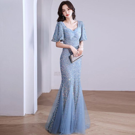 Mermaid Glitter Gown V-Neck Evening