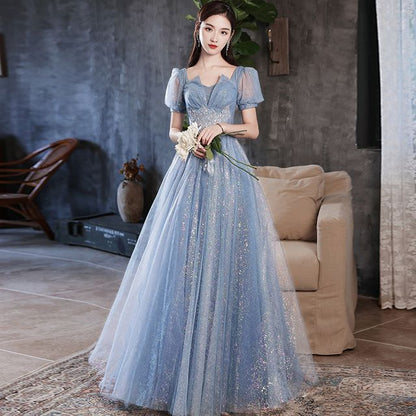 Puff-Sleeve Glitter Mesh Maxi Cocktail Dress