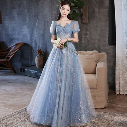 Puff-Sleeve Glitter Mesh Maxi Cocktail Dress (Various Designs)