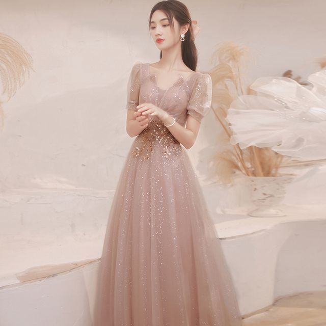 Puff-Sleeve Glitter Mesh Maxi Cocktail Dress (Various Designs)