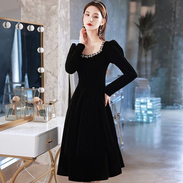 Long-Sleeve Rhinestone Trim Cocktail Dress (Various Designs)