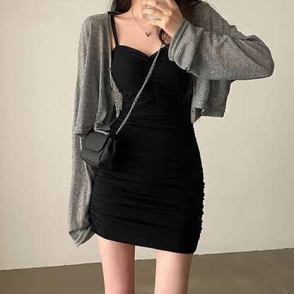 Ribbed-Knit Crop Cardigan and Mini Bodycon Dress Set
