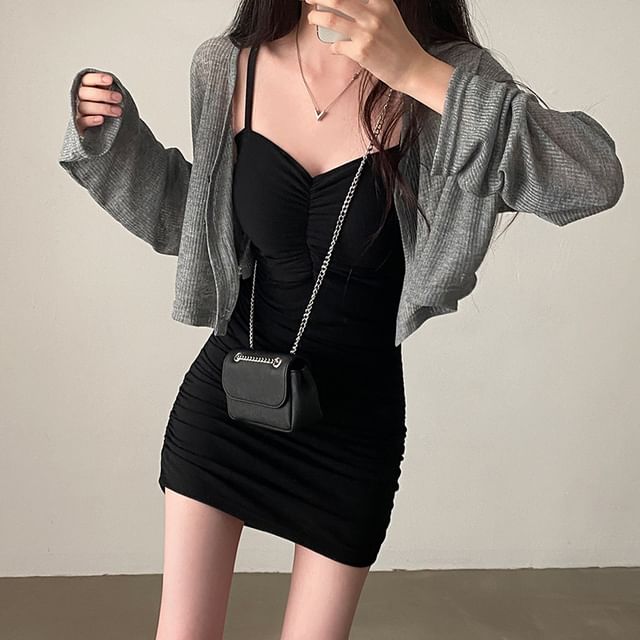 Ribbed-Knit Crop Cardigan and Mini Bodycon Dress Set