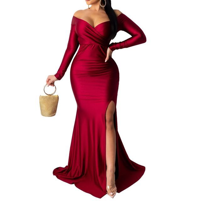 Mermaid Evening Slit Off Gown Long-Sleeve Shoulder