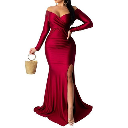 Mermaid Evening Slit Off Gown Long-Sleeve Shoulder