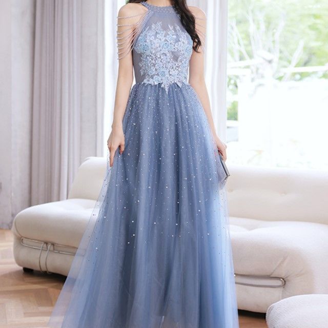 Flower Embroidered Faux Pearl Sheath Evening Gown