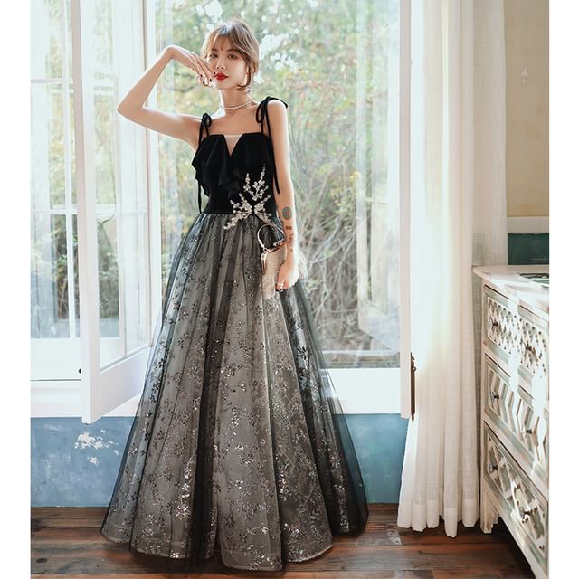 Spaghetti-Strap Sequin Midi A-Line Evening Gown