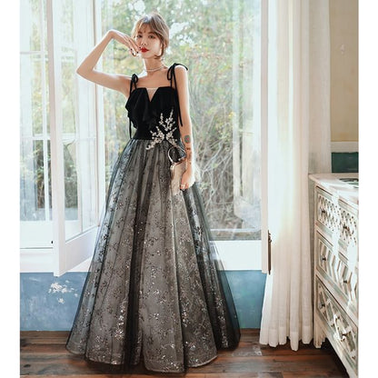 Spaghetti-Strap Sequin Midi A-Line Evening Gown