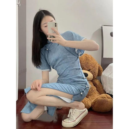 Short-Sleeve Lace Trim Midi Qipao