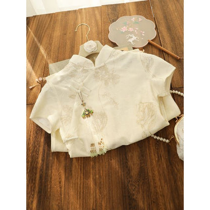 Short-Sleeve Floral Embroidered Midi Qipao