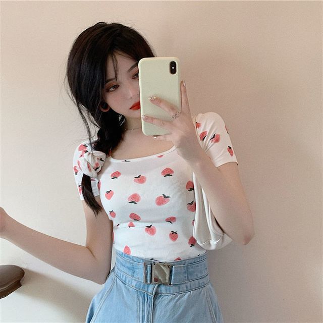 Short-Sleeve Strawberry Print T-Shirt