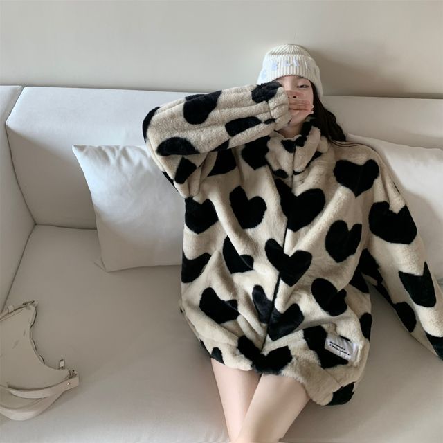 Heart Pattern Furry Zip Jacket