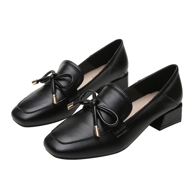 Plain Bow Block Heel Loafers Egirldoll