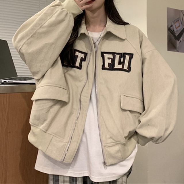 Letter Applique Shirt Jacket