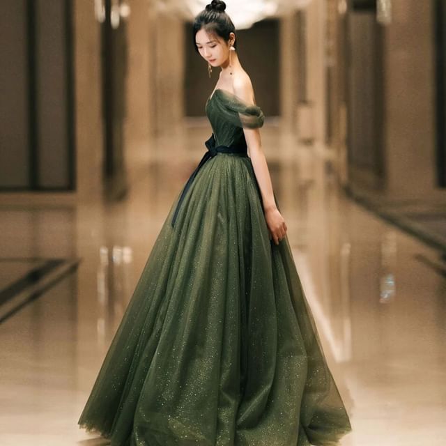 Off-Shoulder Glitter A-Line Evening Gown