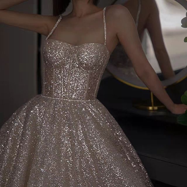 Gown Sequined Strap Evening A-Line Rhinestone Spaghetti